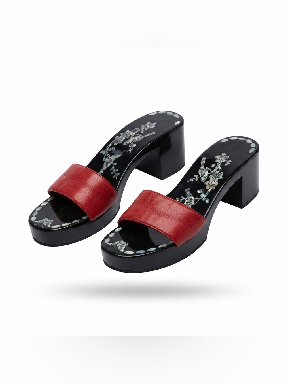 Yellow Box Red Slide Oriental Mules with Floral Inlay